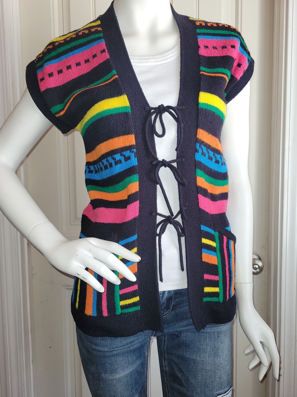 Vintage 70s Rainbow Stripe Knit Front-tie Vest